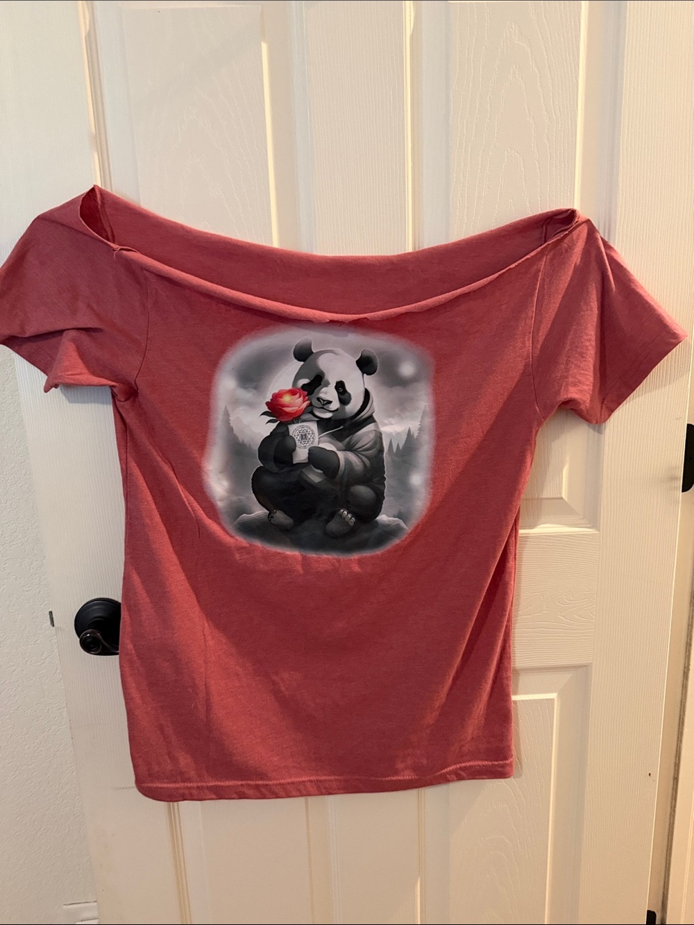 New Women's Off-Shoulder Panda Graphic Tee - Dusty Rose